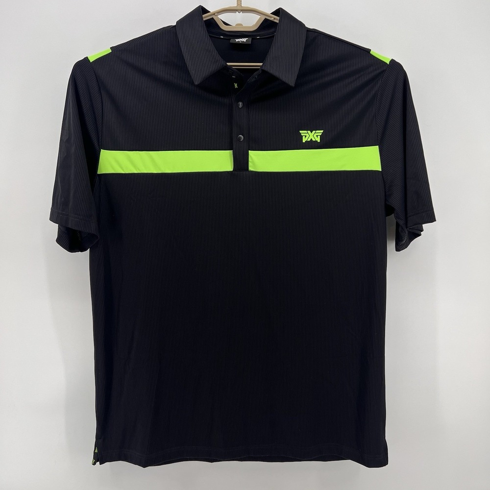 PXG‎ Polo Shirt Mens XL Black Green Snap Collar Parsons Xtreme Golf Performance